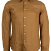 Camicia collo classico in puro lino colore coccio con logo ricamato sul cuore
