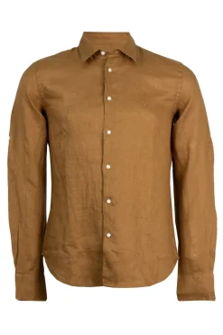 Camicia collo classico in puro lino colore coccio con logo ricamato sul cuore