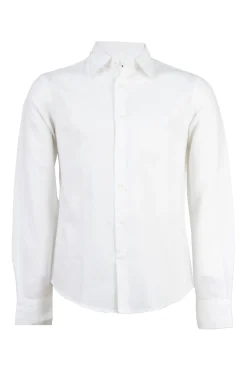 Camicia collo classico in puro lino colore bianco con logo ricamato sul cuore