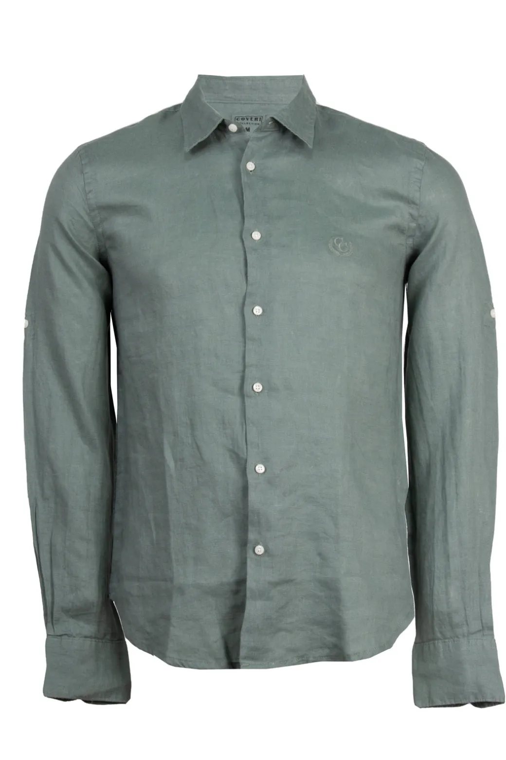 Camicia collo classico in puro lino colore verde militare con logo ricamato sul cuore