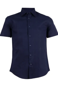 Camicia manica corta in misto lino con logo ricamato ton sur ton