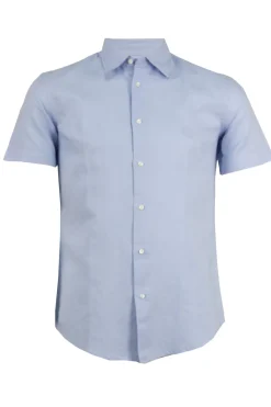 Camicia manica corta in misto lino con logo ricamato ton sur ton
