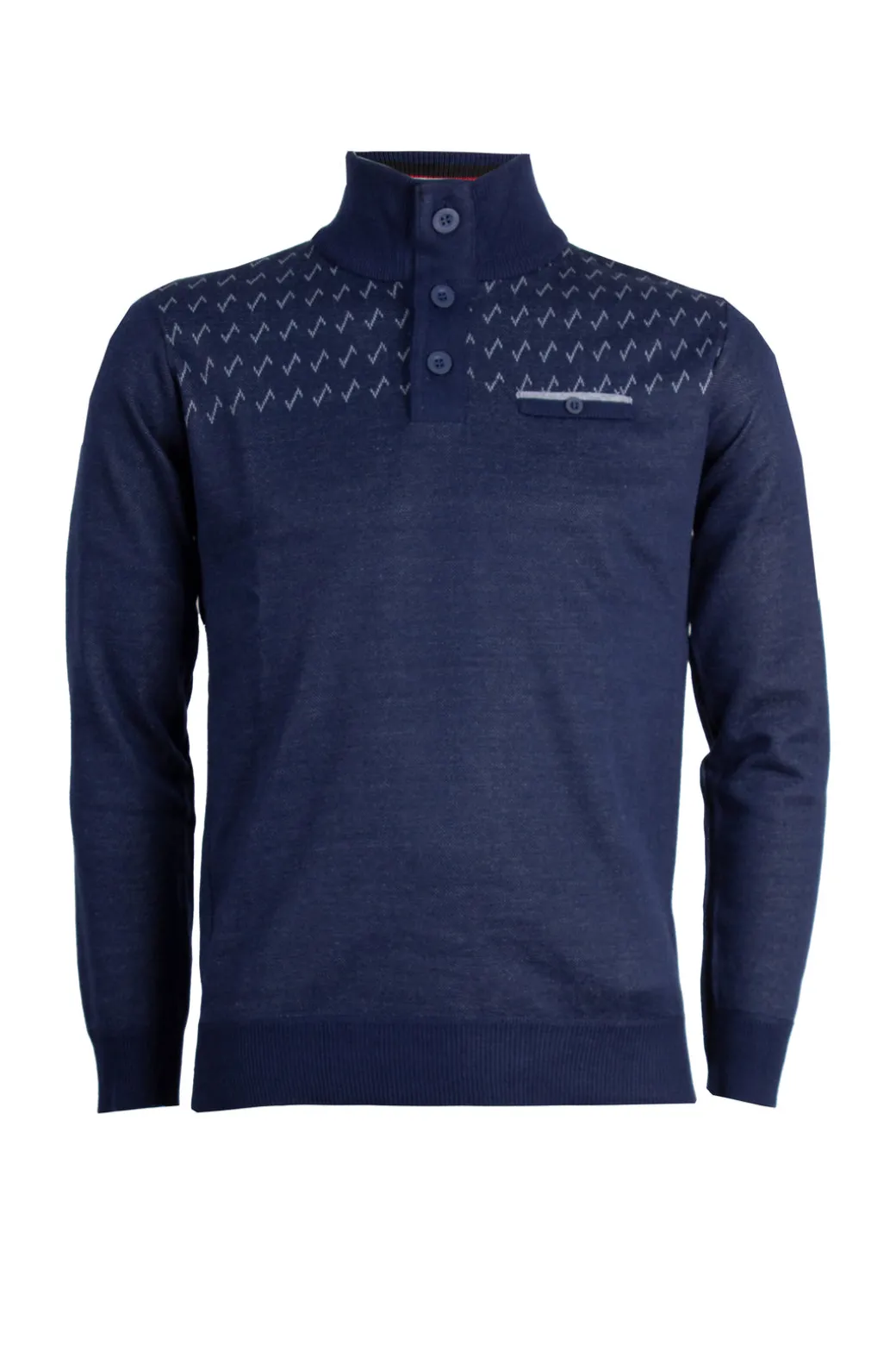 Pullover con collo alto chiuso da bottoni, trama fantasia e taschino sul petto