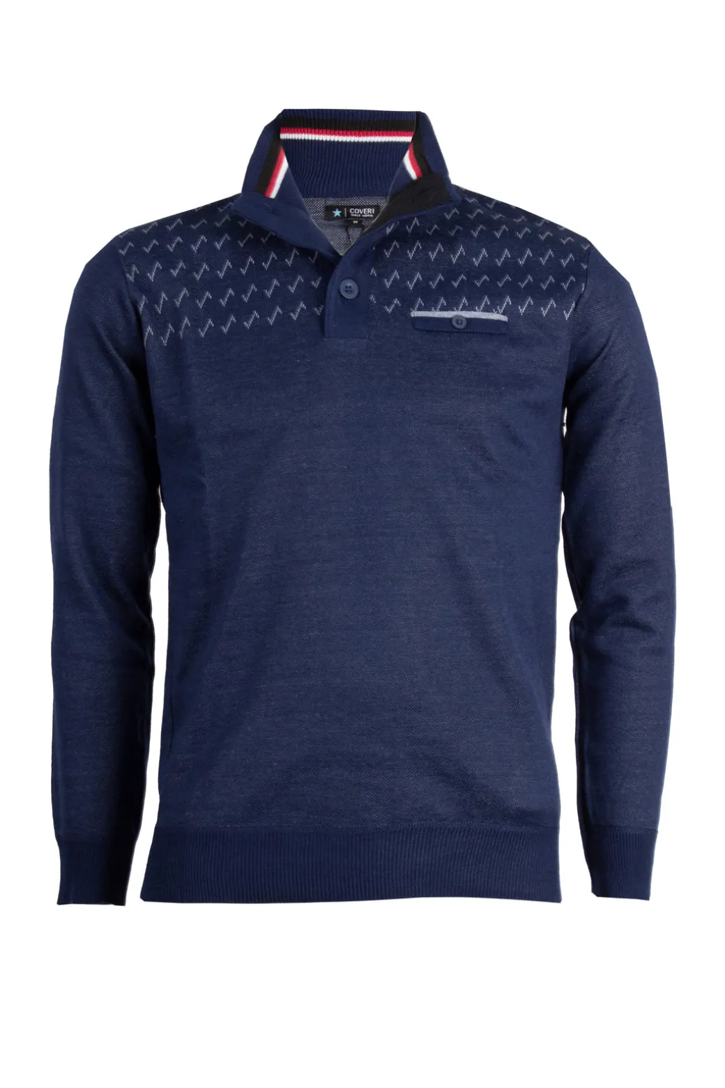 Pullover con collo alto chiuso da bottoni, trama fantasia e taschino sul petto