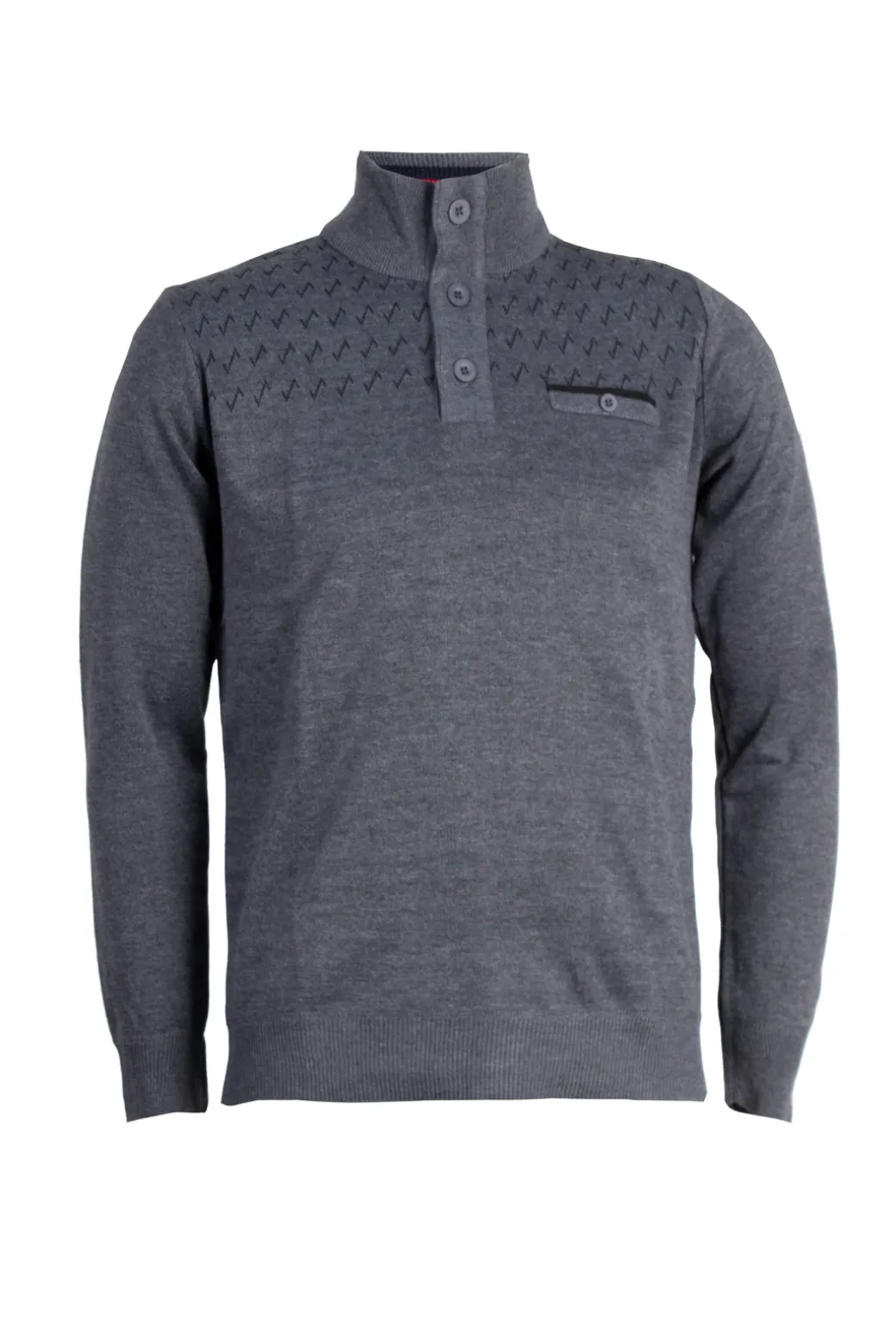 Pullover con collo alto chiuso da bottoni, trama fantasia e taschino sul petto