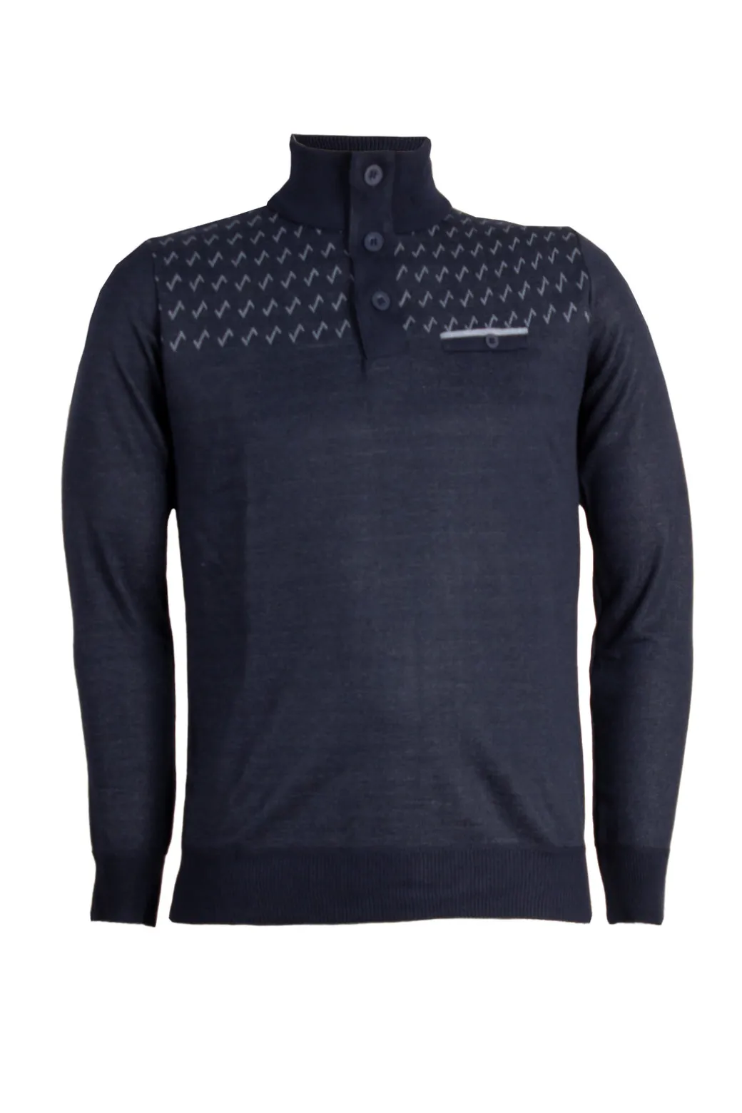 Pullover con collo alto chiuso da bottoni, trama fantasia e taschino sul petto