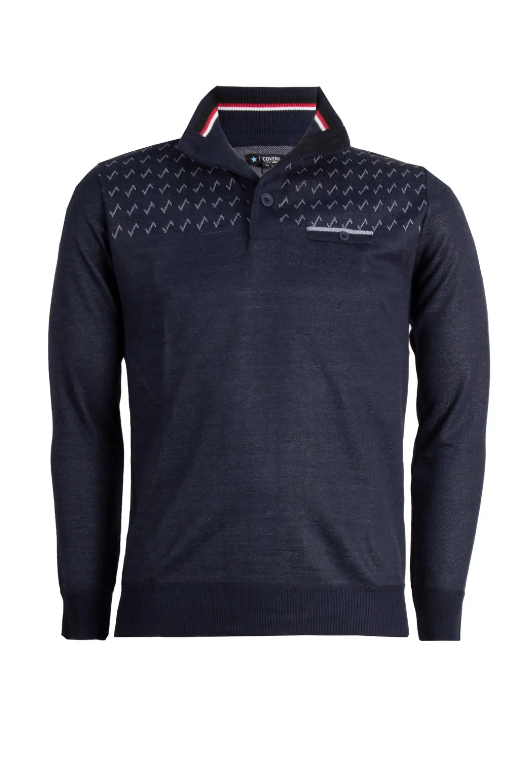 Pullover con collo alto chiuso da bottoni, trama fantasia e taschino sul petto