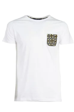 T-shirt girocollo tinta unita con taschino in tessuto fantasia applicato