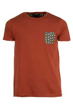 T-shirt girocollo tinta unita con taschino in tessuto fantasia applicato